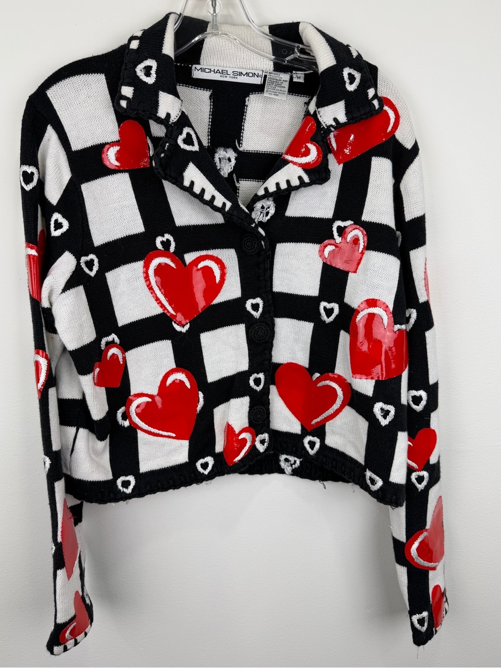 Vintage 1995 Michael Simon Heart Checkerboard Cardigan Sweater M Rare